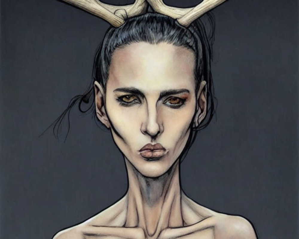 Surreal portrait of person with antlers and intense eyes
