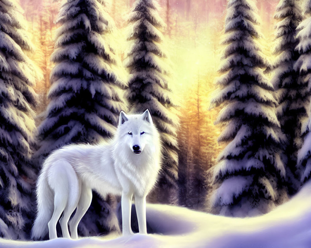 White Wolf in Snow-Covered Forest with Sunset Light