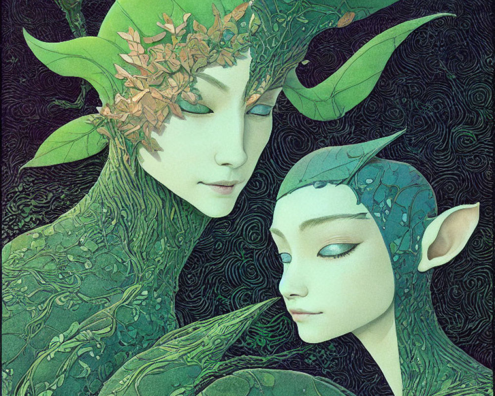 Green-skinned elf-like characters in serene poses amidst intricate foliage patterns