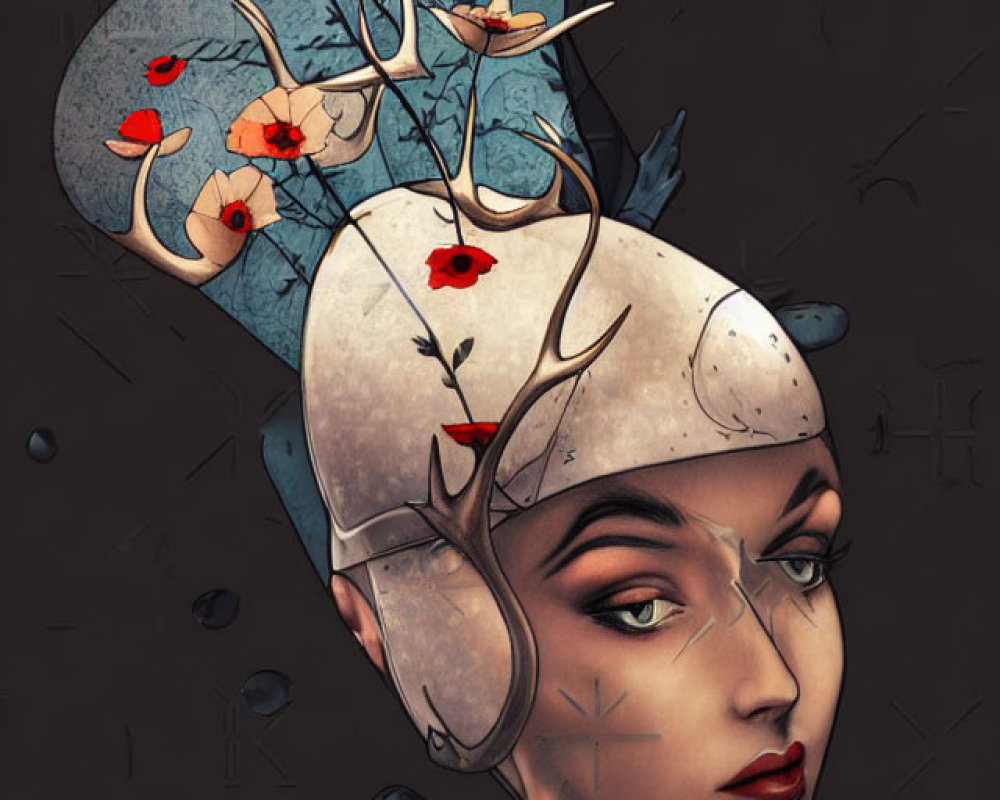 Stylized woman with antlers, flowers, and butterflies in surreal art.
