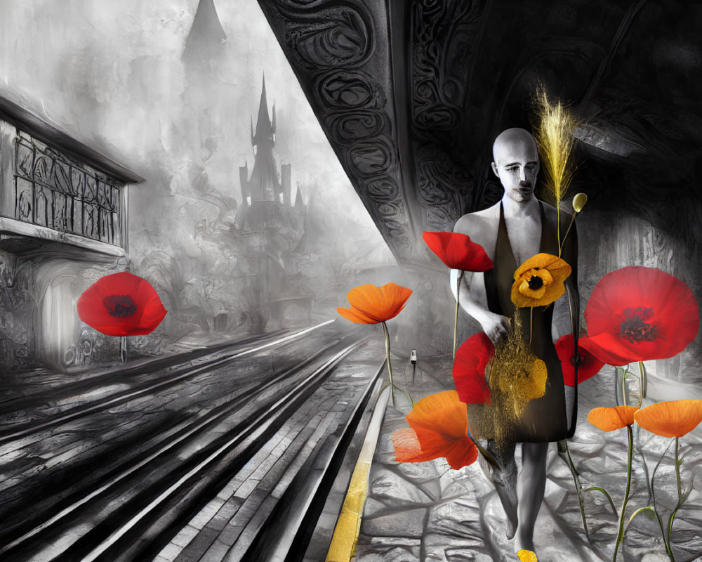 Bald Figure with Wheat Stalk in Red Poppies on Grayscale Background