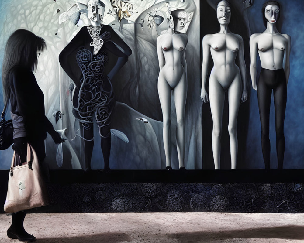Surreal humanoid figures in art exhibit with dark floral backdrop