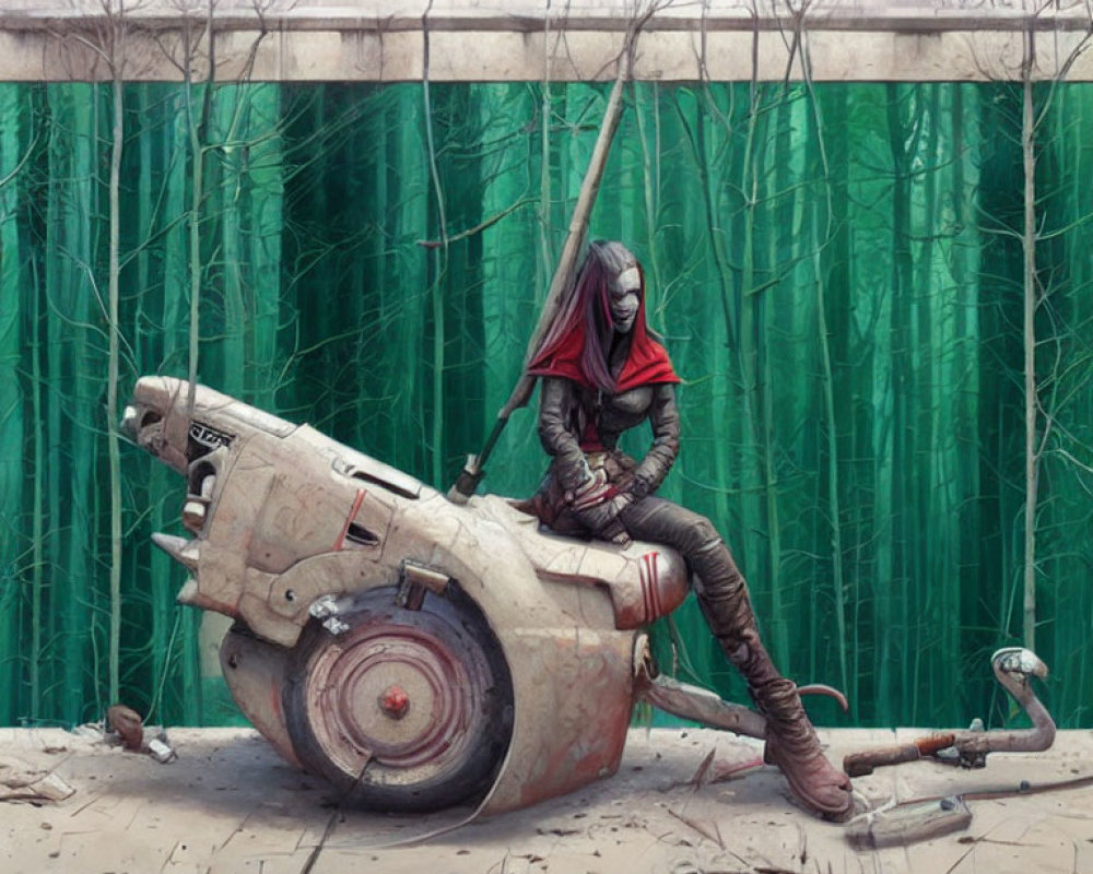 Masked figure in red cloak on futuristic motorcycle in bamboo setting