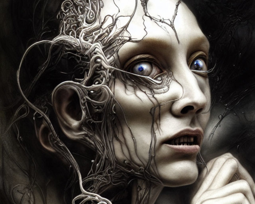 Fantasy portrait with pale skin, blue eyes, and intricate branch-like structures.