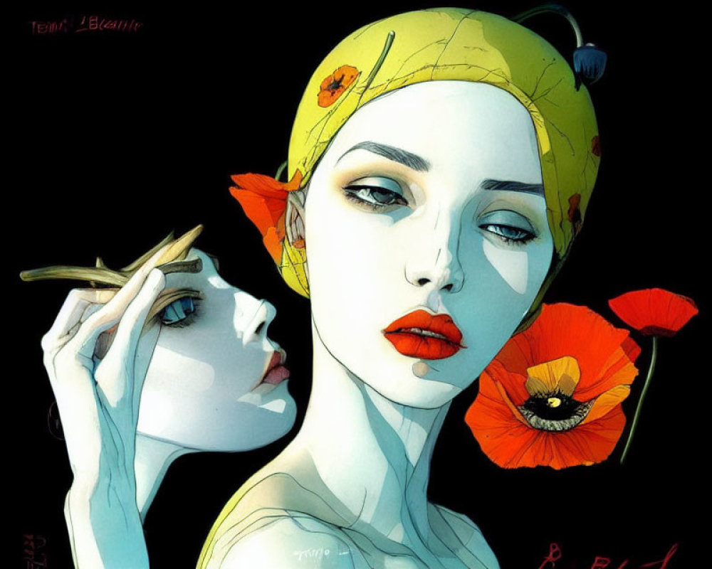 Woman with yellow headscarf and poppy design holding mirror gazes sideways