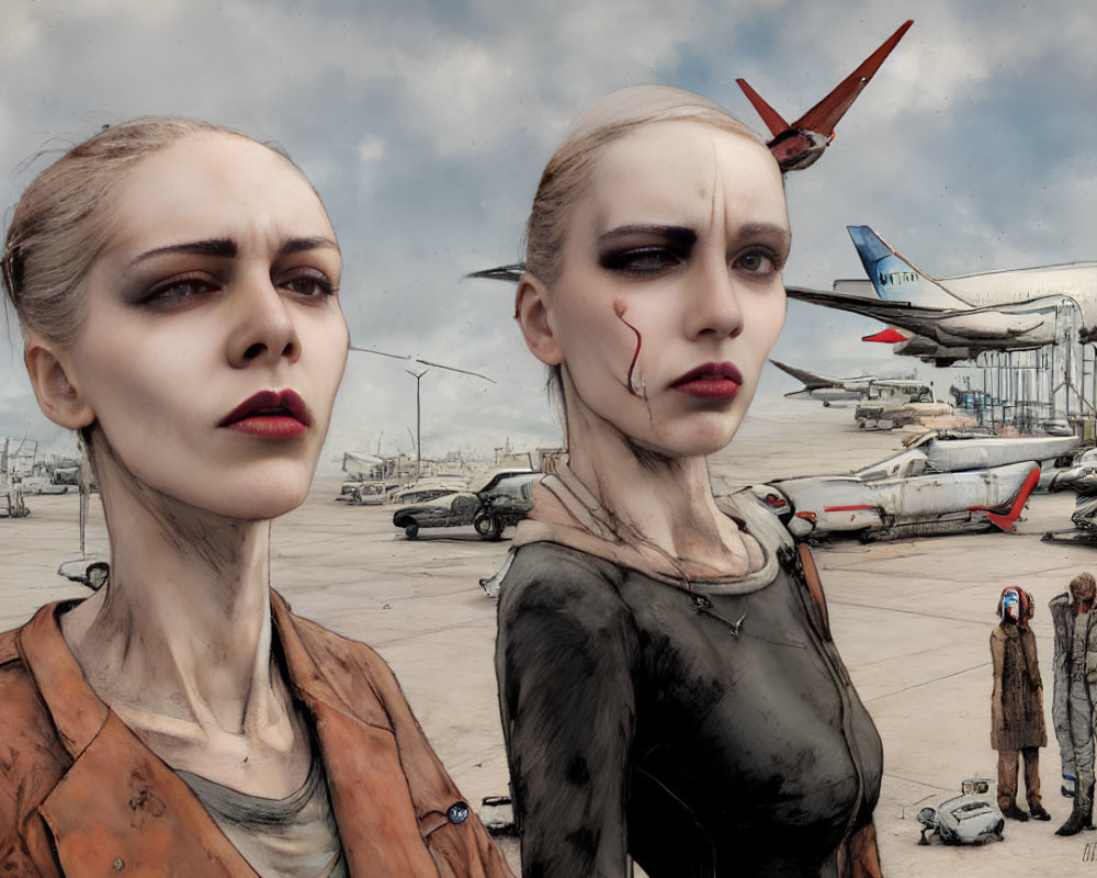 Stylized female figures in airport tarmac scene with bleeding nose and onlookers.