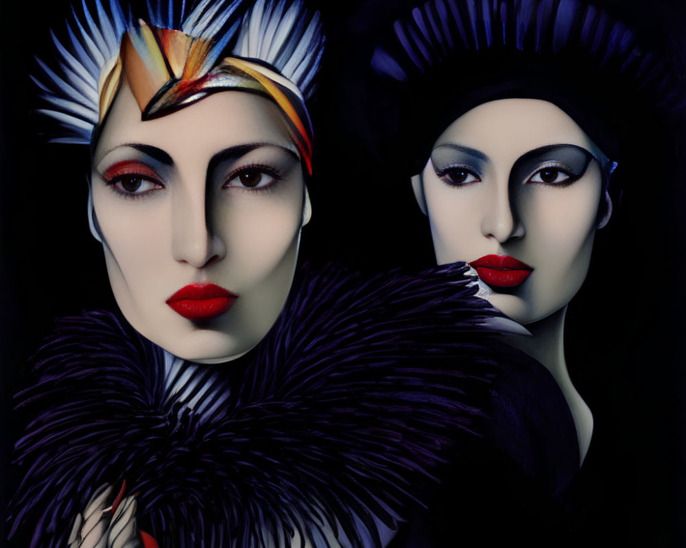 Women with dramatic makeup and bold headdresses in warm and cool tones, posing with a dark, feather