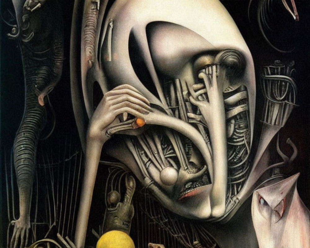 Detailed surreal painting: mechanical and organic fusion with somber colors