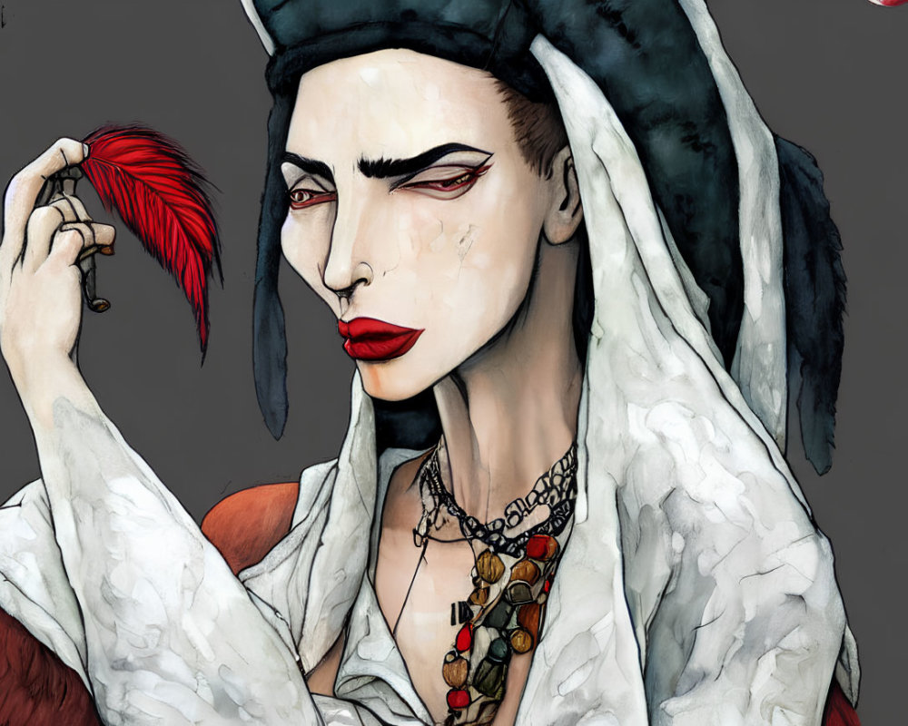 Illustrated character with pale skin, dark lips, pirate hat, feather, contemplative expression