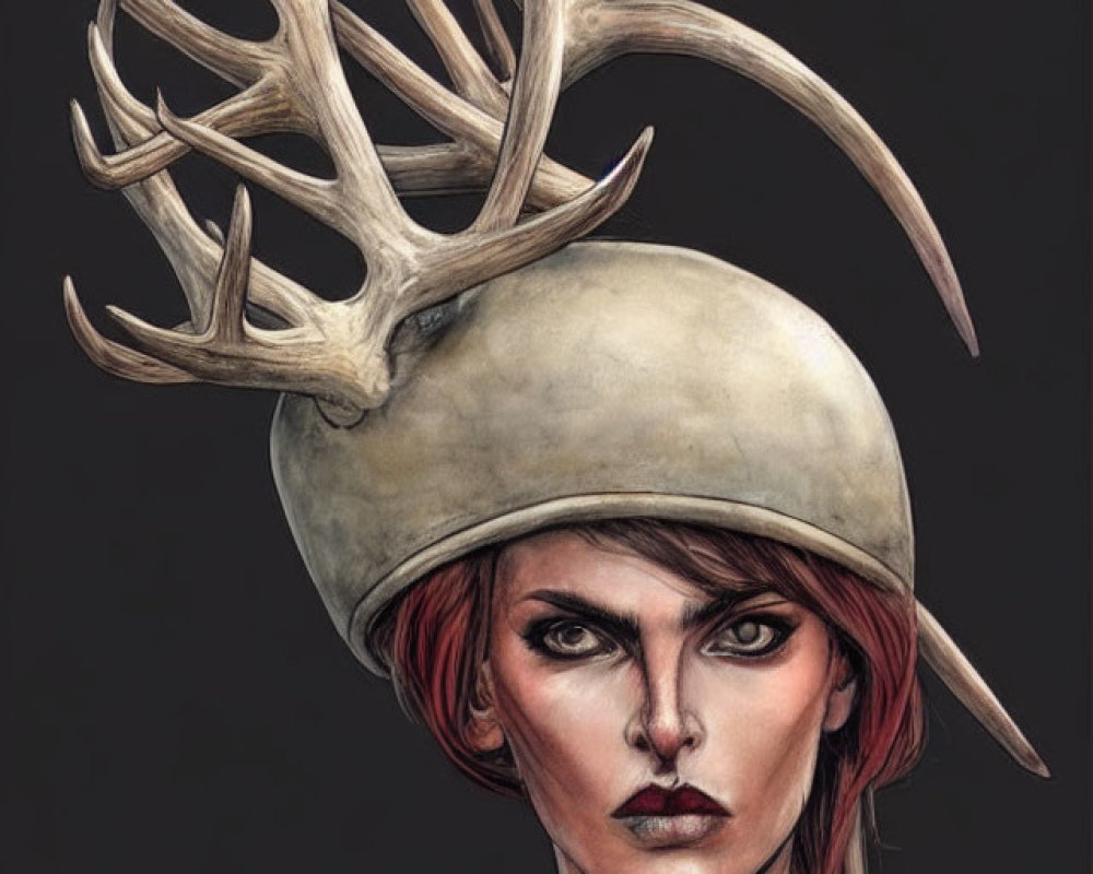 Stylized illustration of person with intense gaze and antlered helmet on grey background