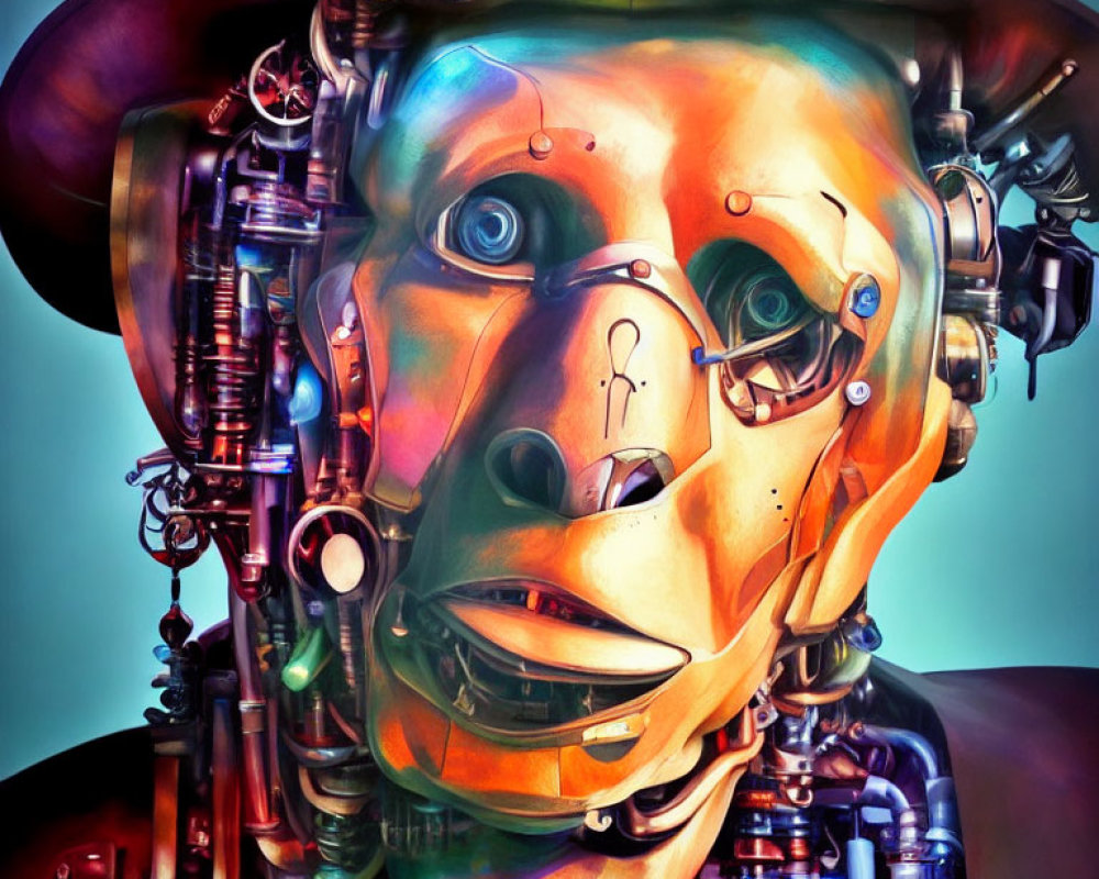 Detailed Steampunk-Style Mechanical Head with Colorful Gears and Pipes