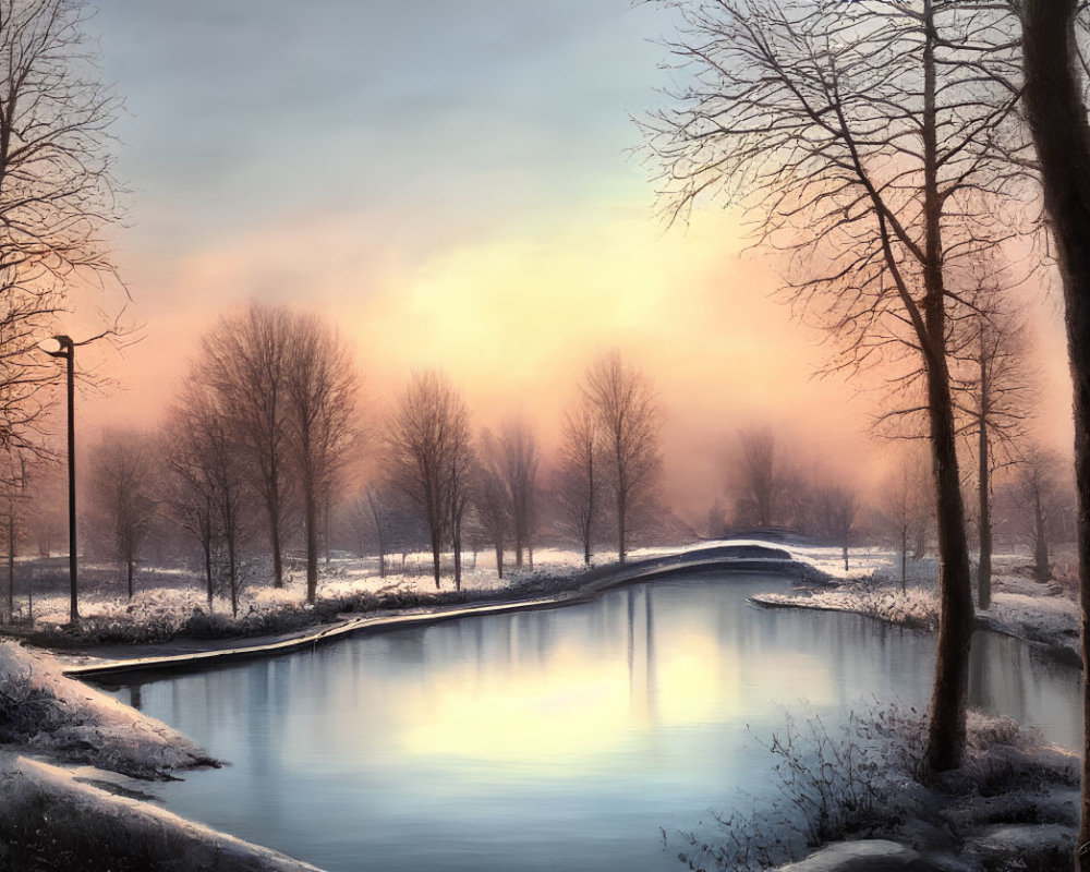 Tranquil winter river scene with bare trees and snow-covered banks