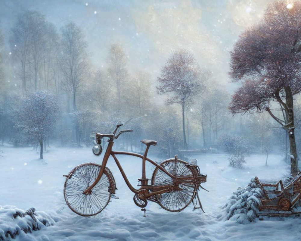 Snowy forest clearing with vintage bicycle and tricycle in serene winter scene
