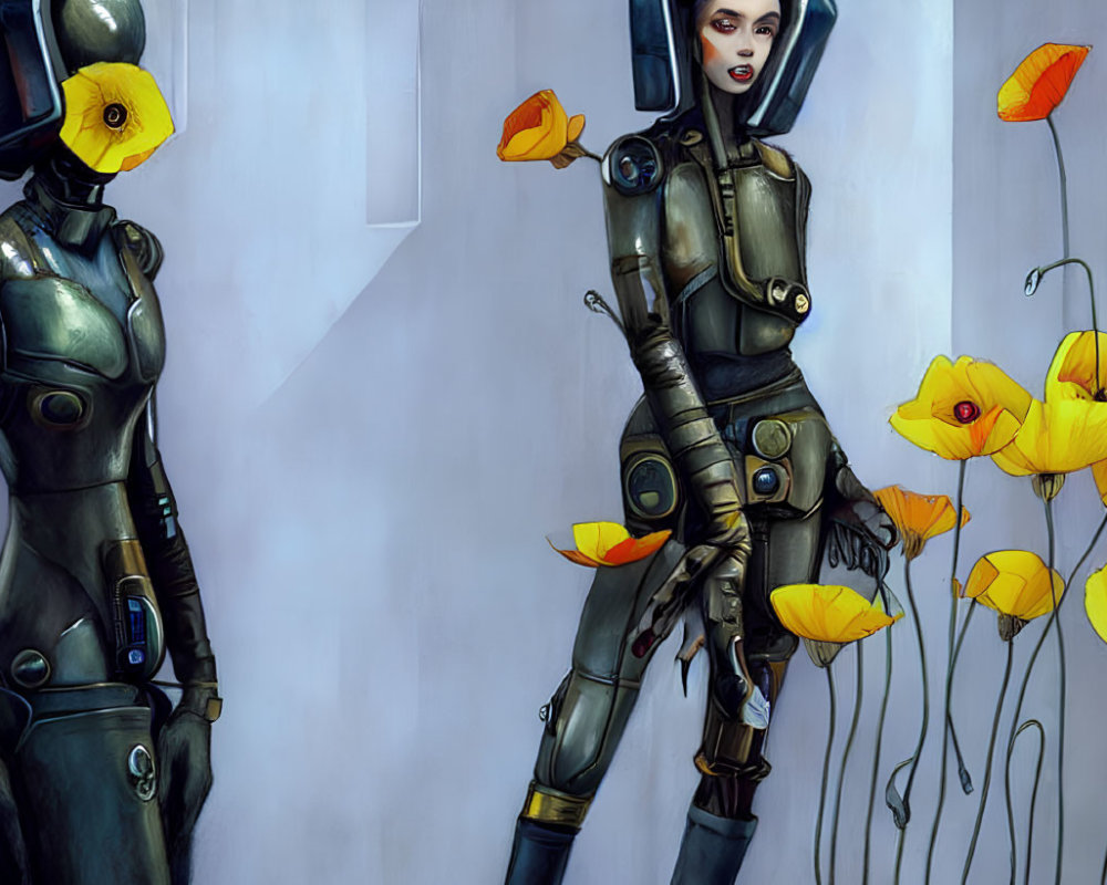 Futuristic humanoid robots in green suits with yellow helmets beside orange poppies