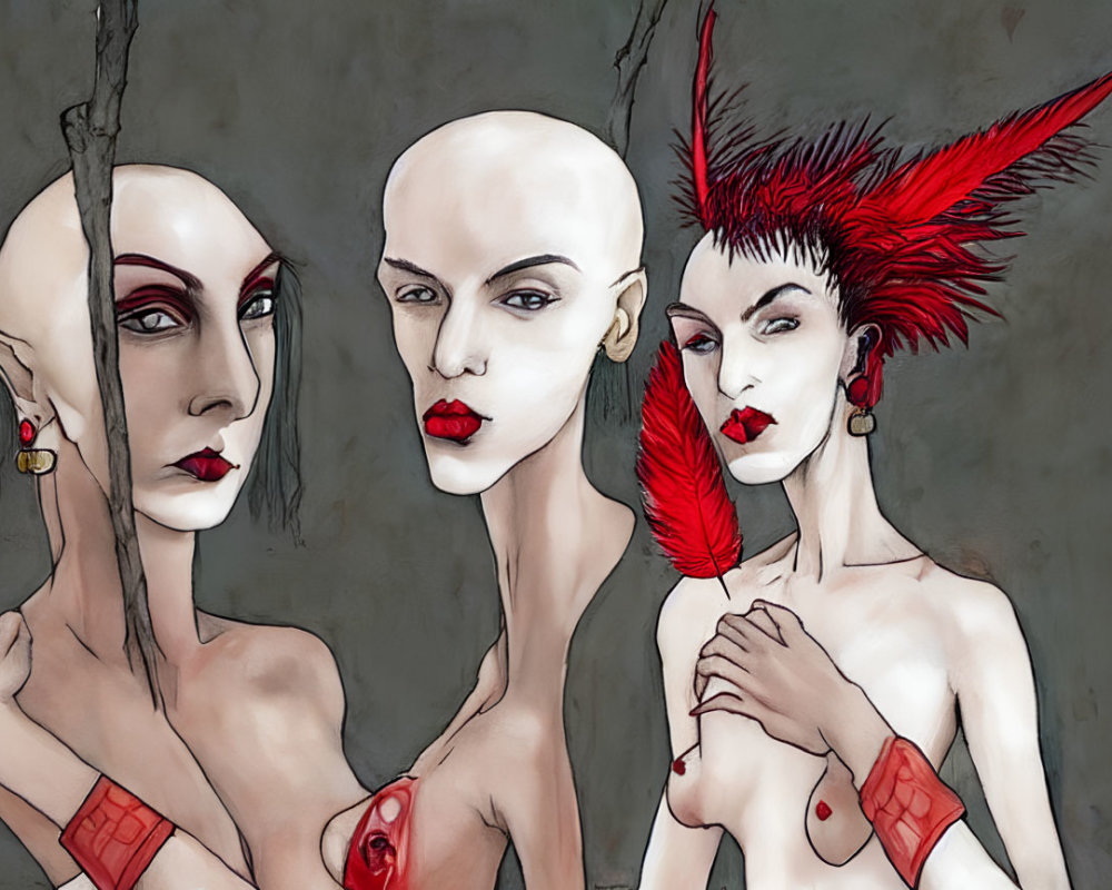 Stylized pale figures with red accents exude avant-garde vibe