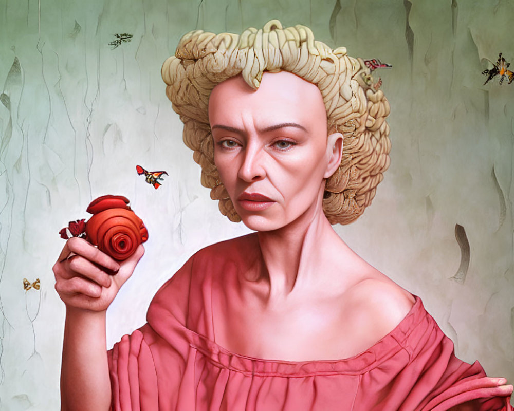 Stylized portrait of woman with elaborate hairstyle and rose on vintage wallpaper.