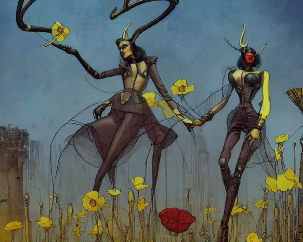 Stylized characters with horns holding hands in yellow flower field