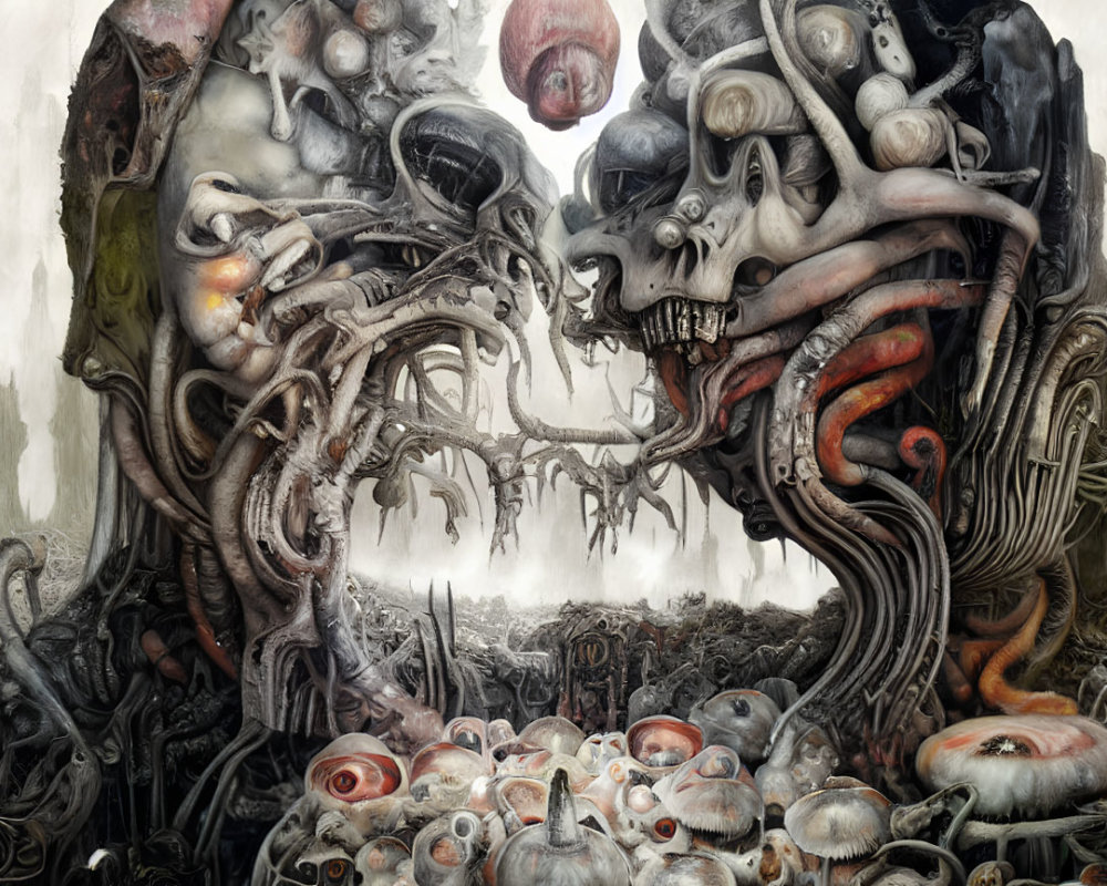 Surrealist artwork featuring monstrous entities and eerie eyes