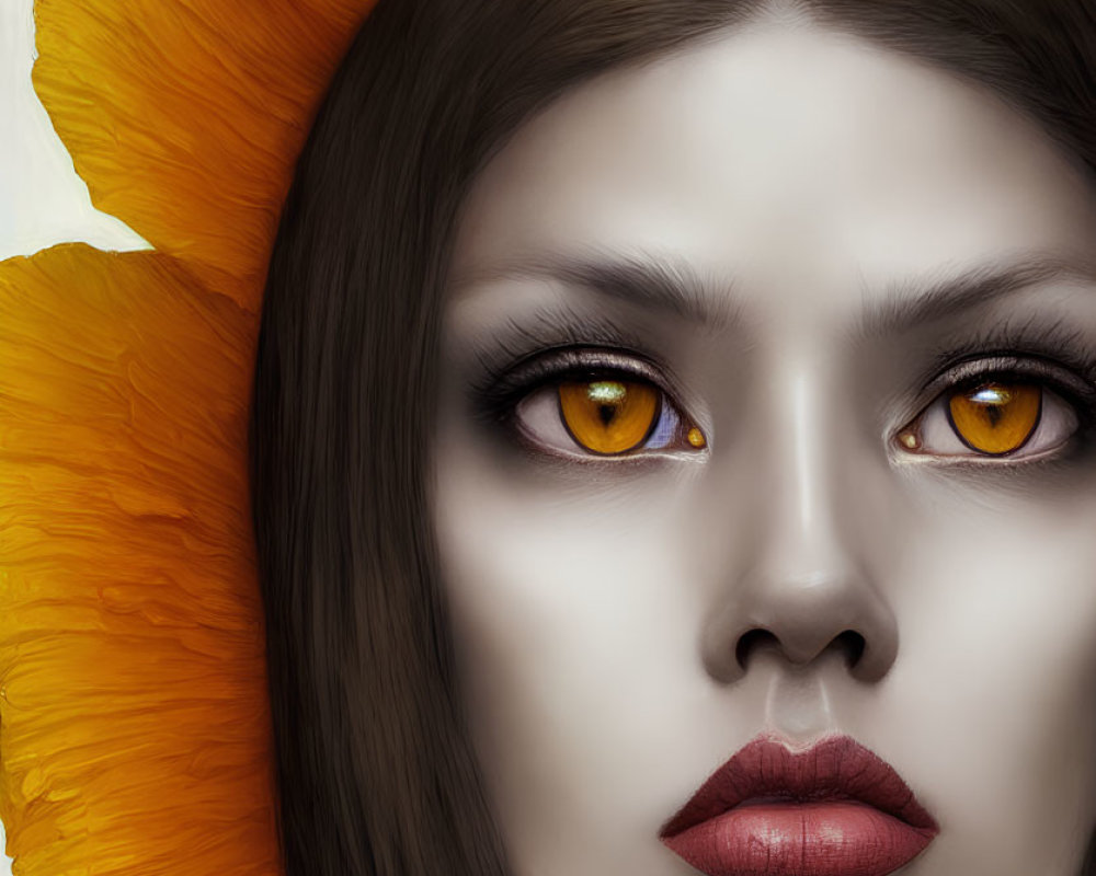 Digital painting of woman with yellow eyes, framed by flower-like petals, cascading brown hair