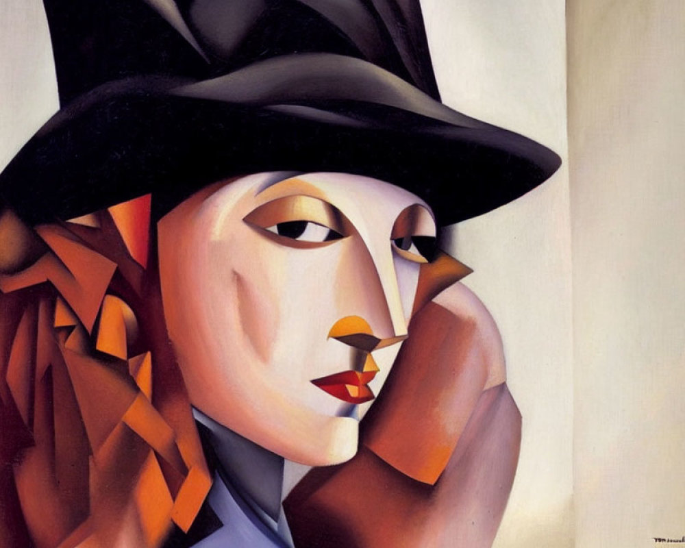 Colorful Cubist-Style Painting of Person with Geometric Shapes and Black Hat