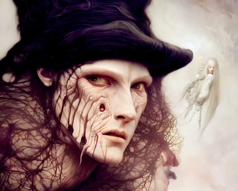 Surreal portrait of person with textured skin and ethereal figure