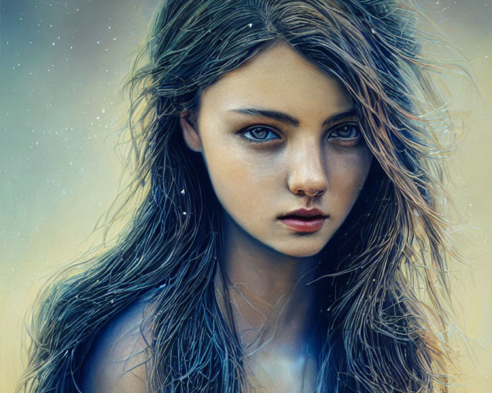 Portrait of Young Woman with Striking Blue Eyes and Wet Hair Against Starry Blue Backdrop