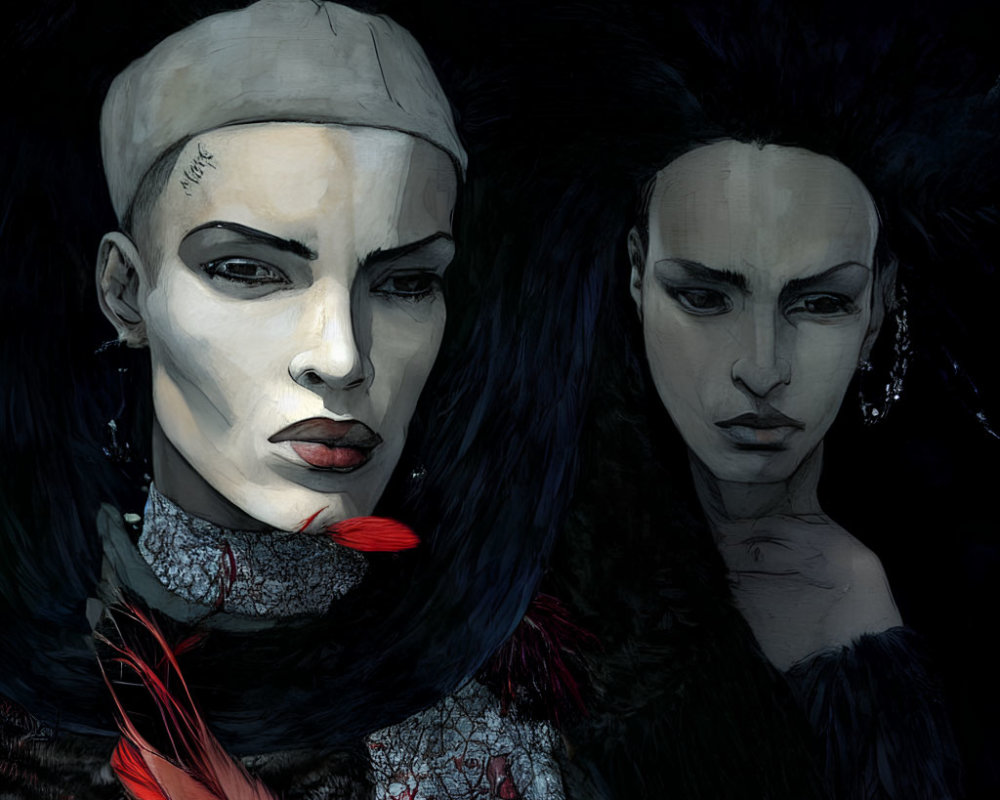 Stylized figures with striking features and fashionable attire and dark makeup