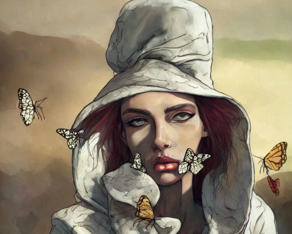 Stylized illustration of person with red hair and lips in hood, surrounded by butterflies