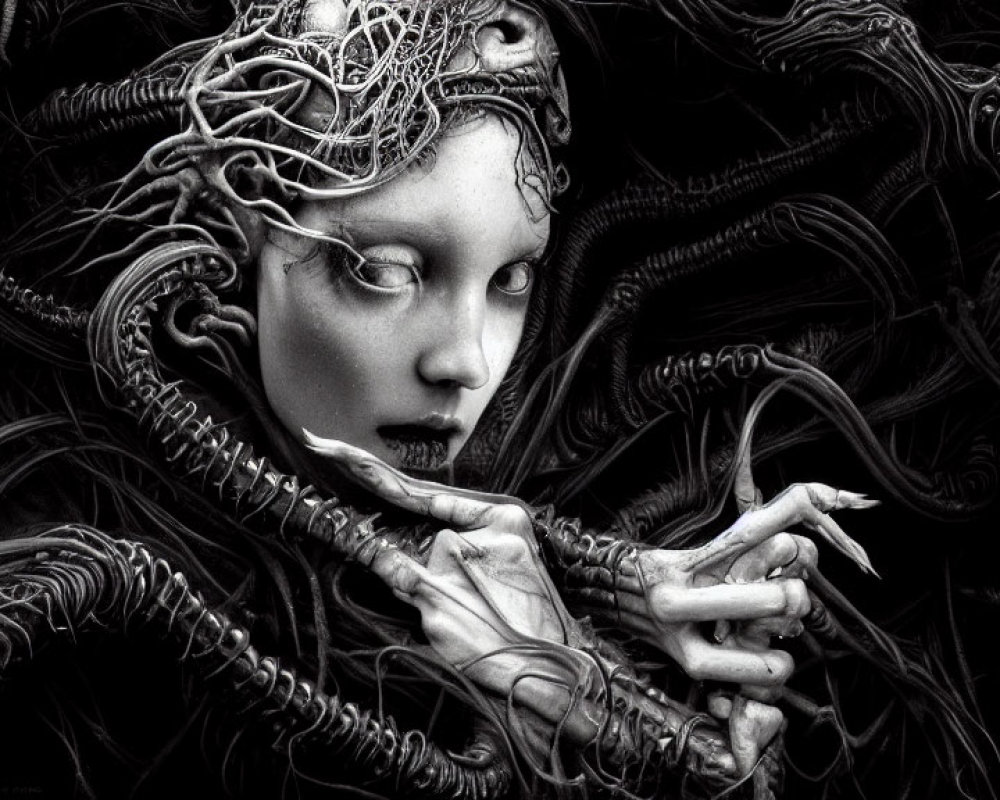 Surreal monochrome artwork of female figure with intricate headgear and twisted tendrils