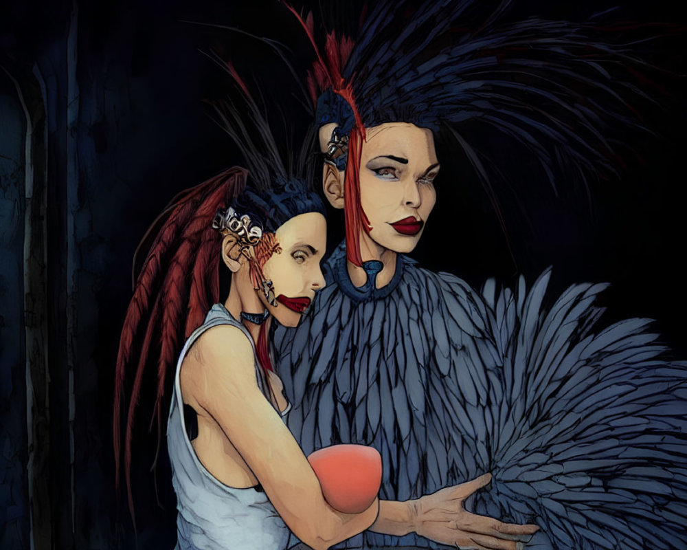 Stylized characters in exotic feathered headdresses and dramatic makeup embrace
