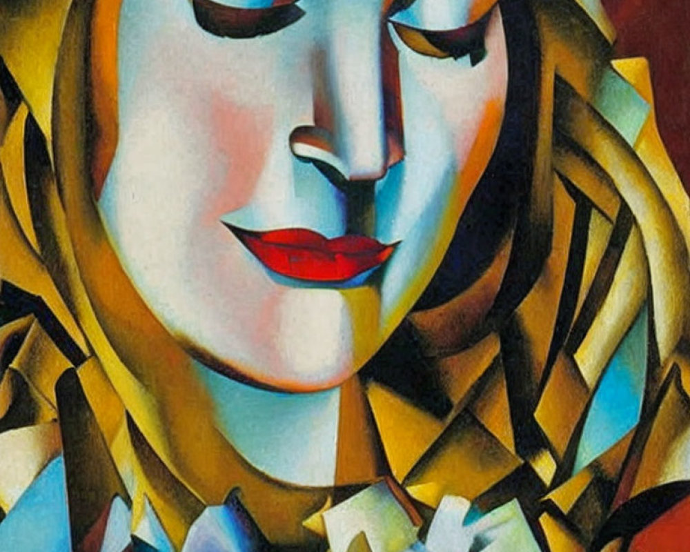 Cubist-style Woman's Face Painting in Blues, Yellows, Browns