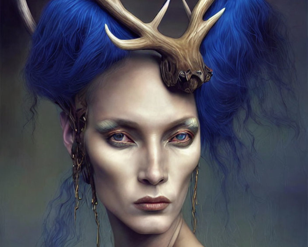 Striking blue hair, antlers, expressive eyes, and dramatic makeup portrait.