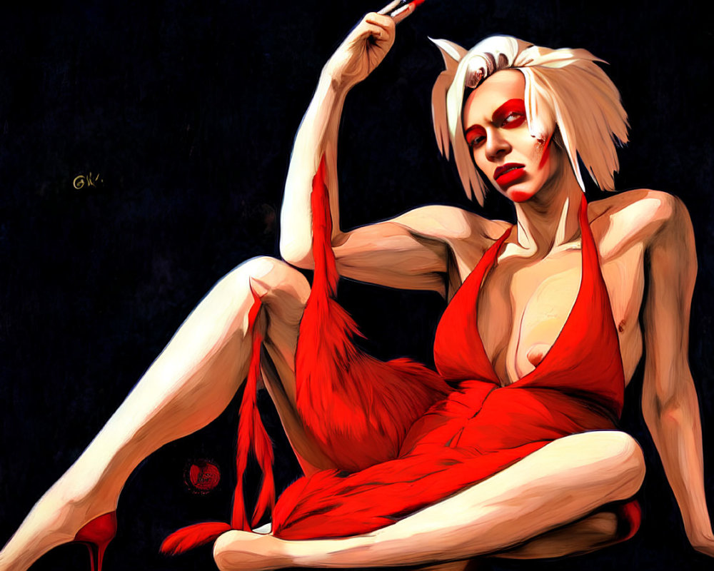 Illustration of woman with white hair in red dress holding a cigarette