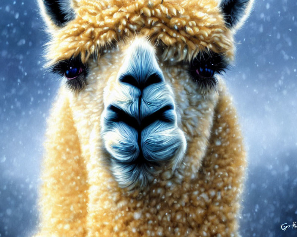 Detailed close-up digital llama painting in snowy backdrop with warm and cool fur tones