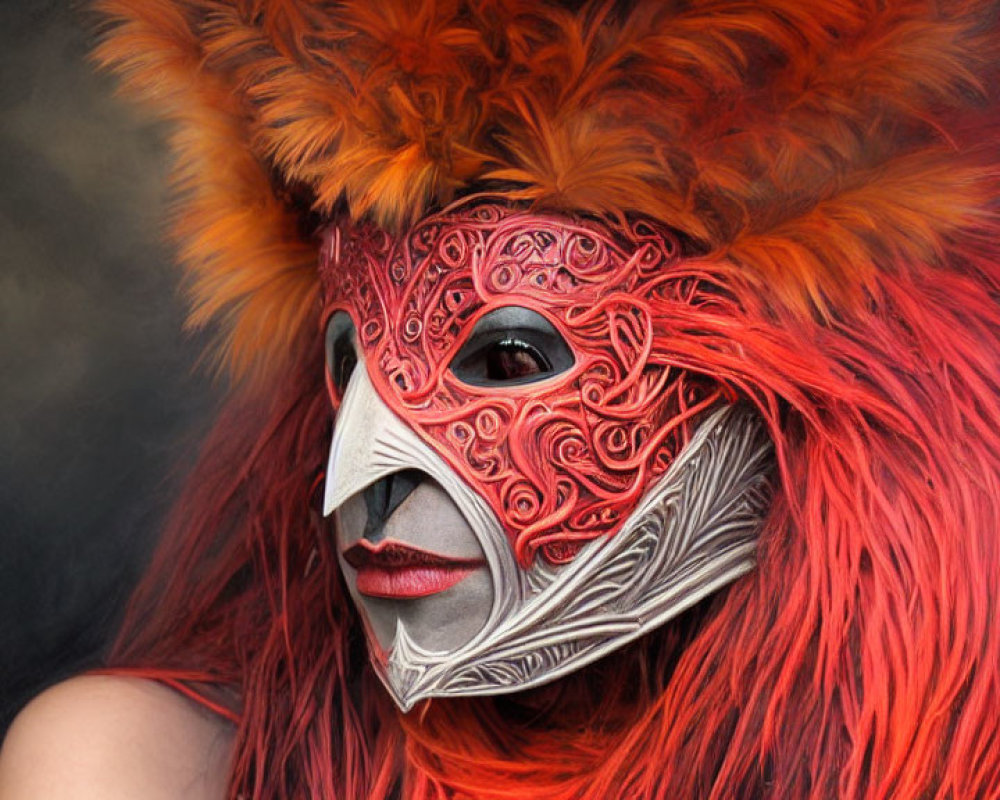 Person in Red and Silver Mask with Feathered Headdress on Dark Background