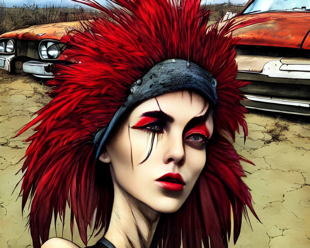 Stylized portrait with red makeup and mohawk in desolate landscape.