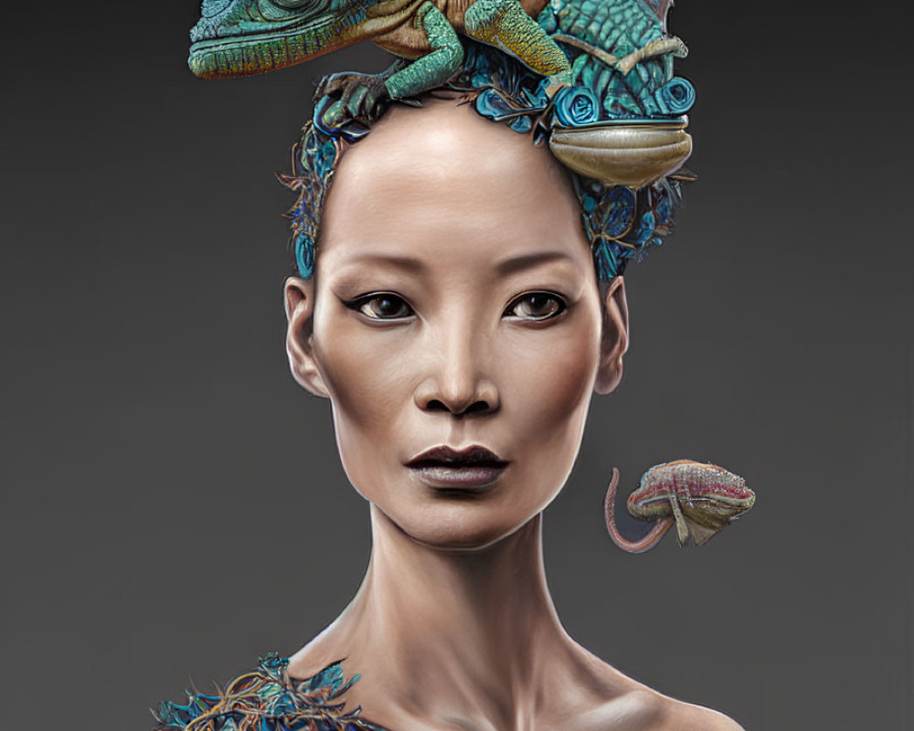 Woman with bold makeup and chameleon on head amidst colorful plant designs