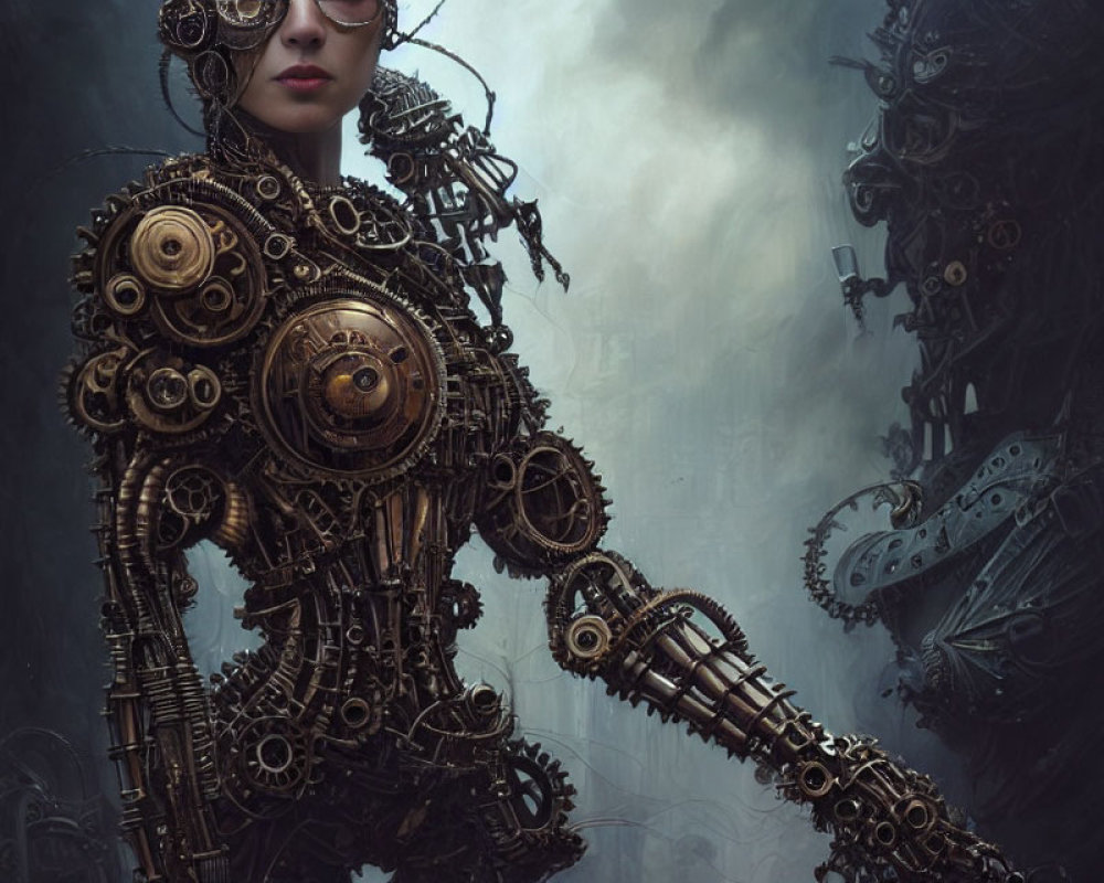 Intricate steampunk-style female figure with exposed cogs and brass components