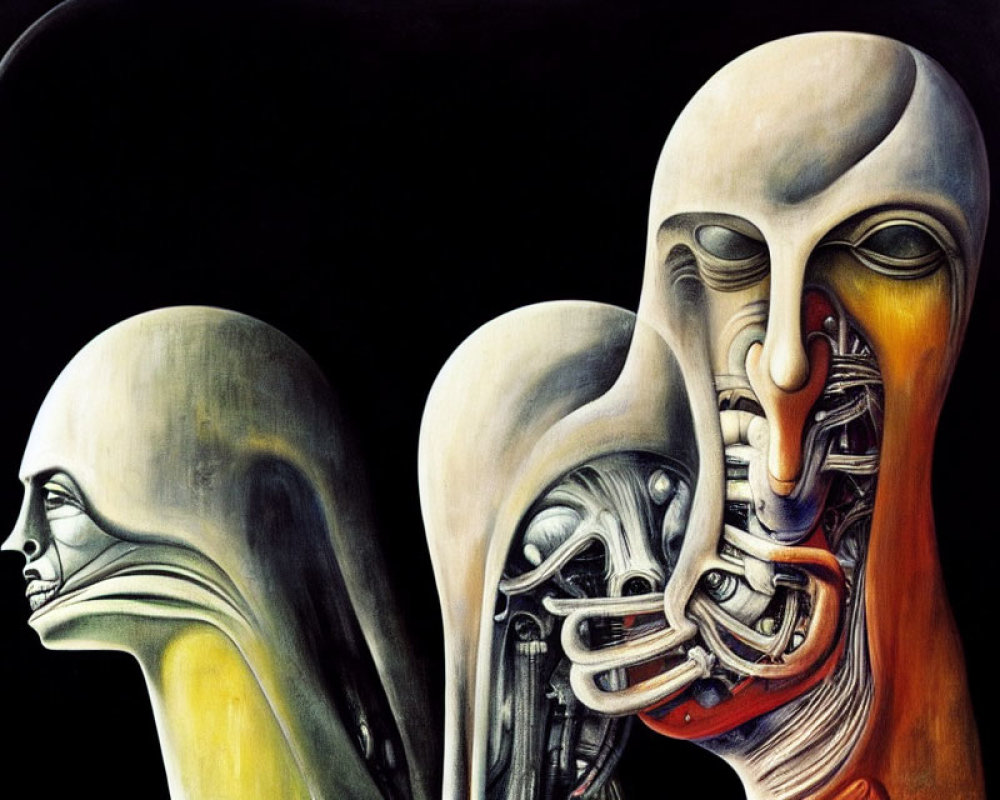 Surreal Artwork with Three Distorted Figures & Biomechanical Structures