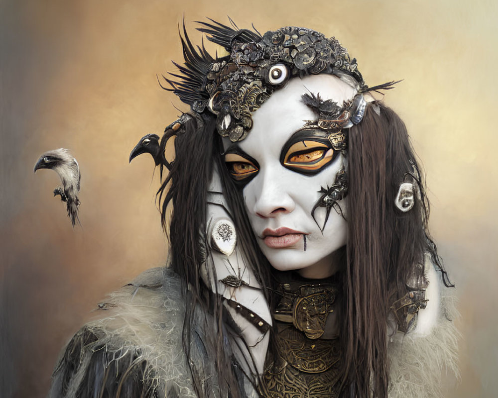 Fantasy makeup with bird-like elements and intricate headgear.