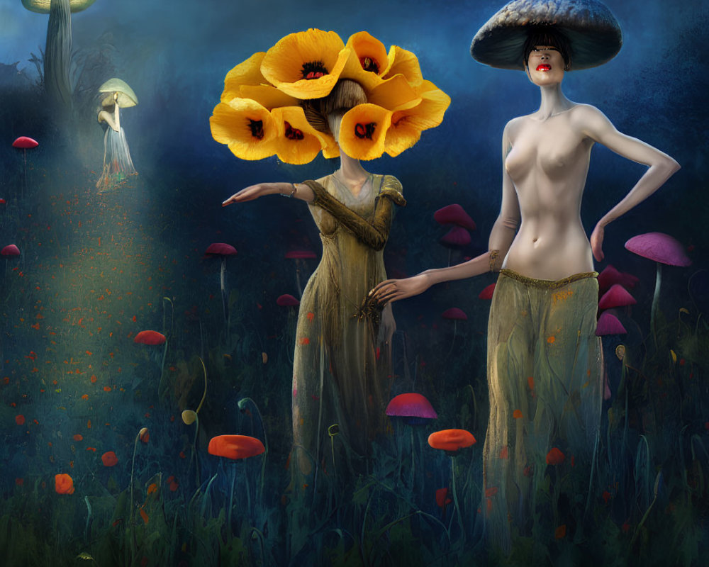 Surreal figures with floral and mushroom heads in colorful forest