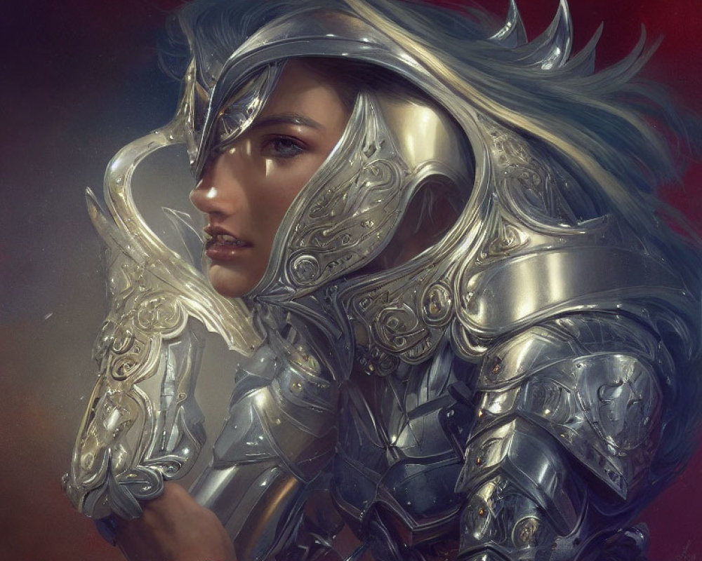 Female warrior in ornate silver armor with wing-like helmet and flowing hair.