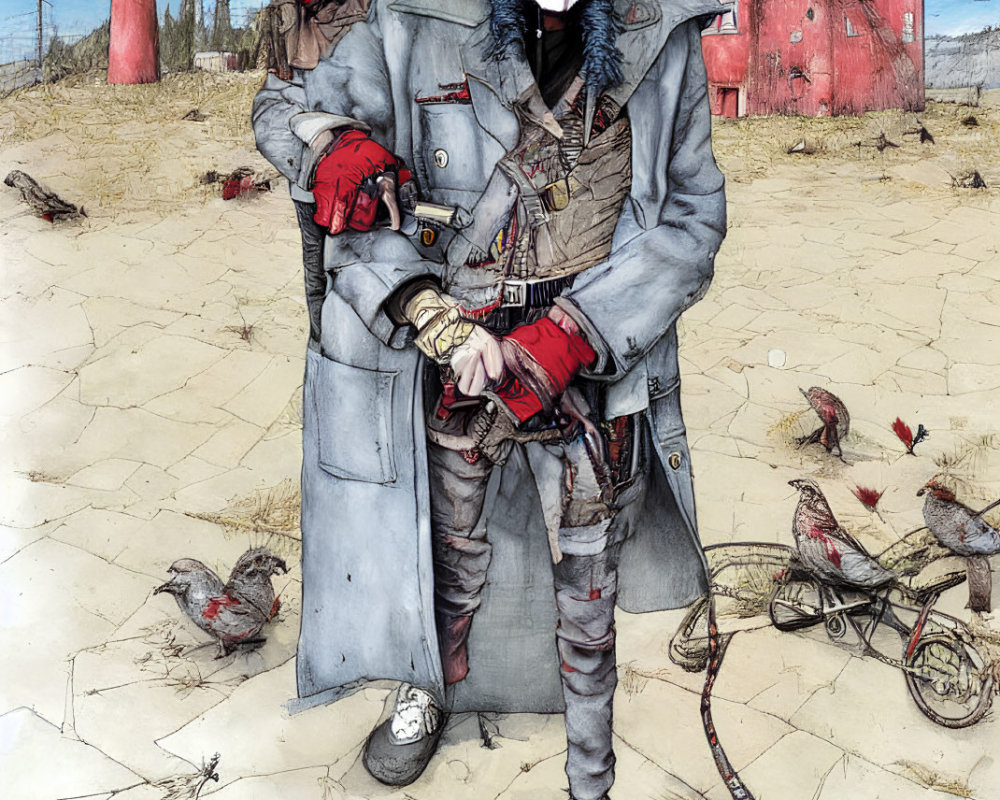 Dystopian scene featuring stylized characters with skull mask in desolate surroundings