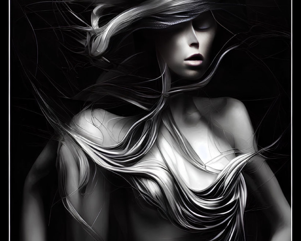 Monochromatic artistic illustration of blindfolded woman with flowing hair