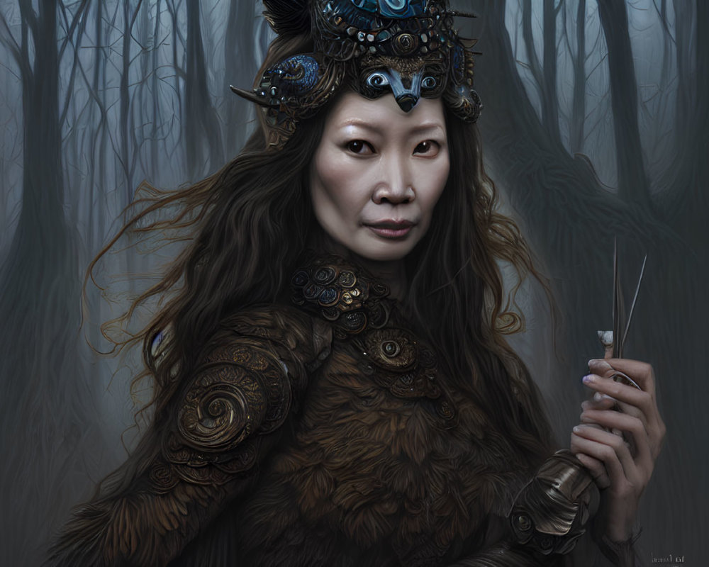 Armored woman with dagger in misty forest portrait