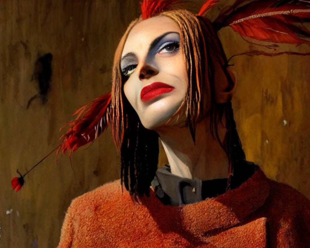 Person with dramatic makeup and red lipstick on stained wooden backdrop