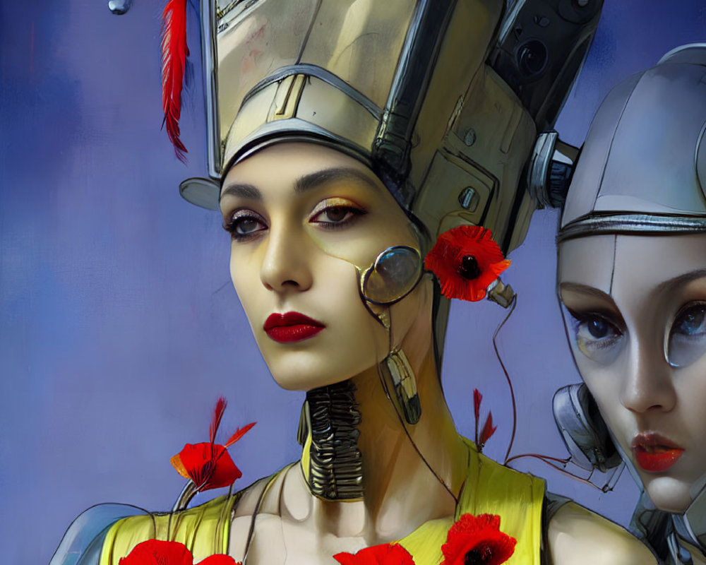 Futuristic female androids with metallic skin and red poppies, one wearing a headset and vibrant