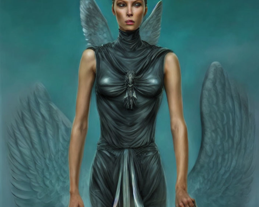 Metallic-winged angelic figure in gray draped garment with beetle brooch