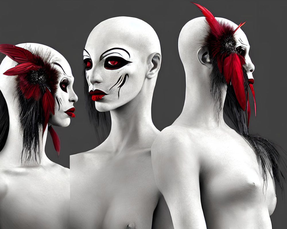 Models with dramatic black and white Kabuki-inspired makeup and feathered hairpieces