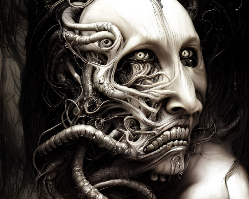 Monochromatic artwork: humanoid figure with tentacle-like appendages and skeletal, biomechanical face